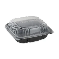 Pactiv Corp. DC858100B000 38 oz 8.5 x 8.5 x 3 EarthChoice Vented Dual Color Microwavable Plastic Hinged Lid Container - Black/Clear (150/Carton)