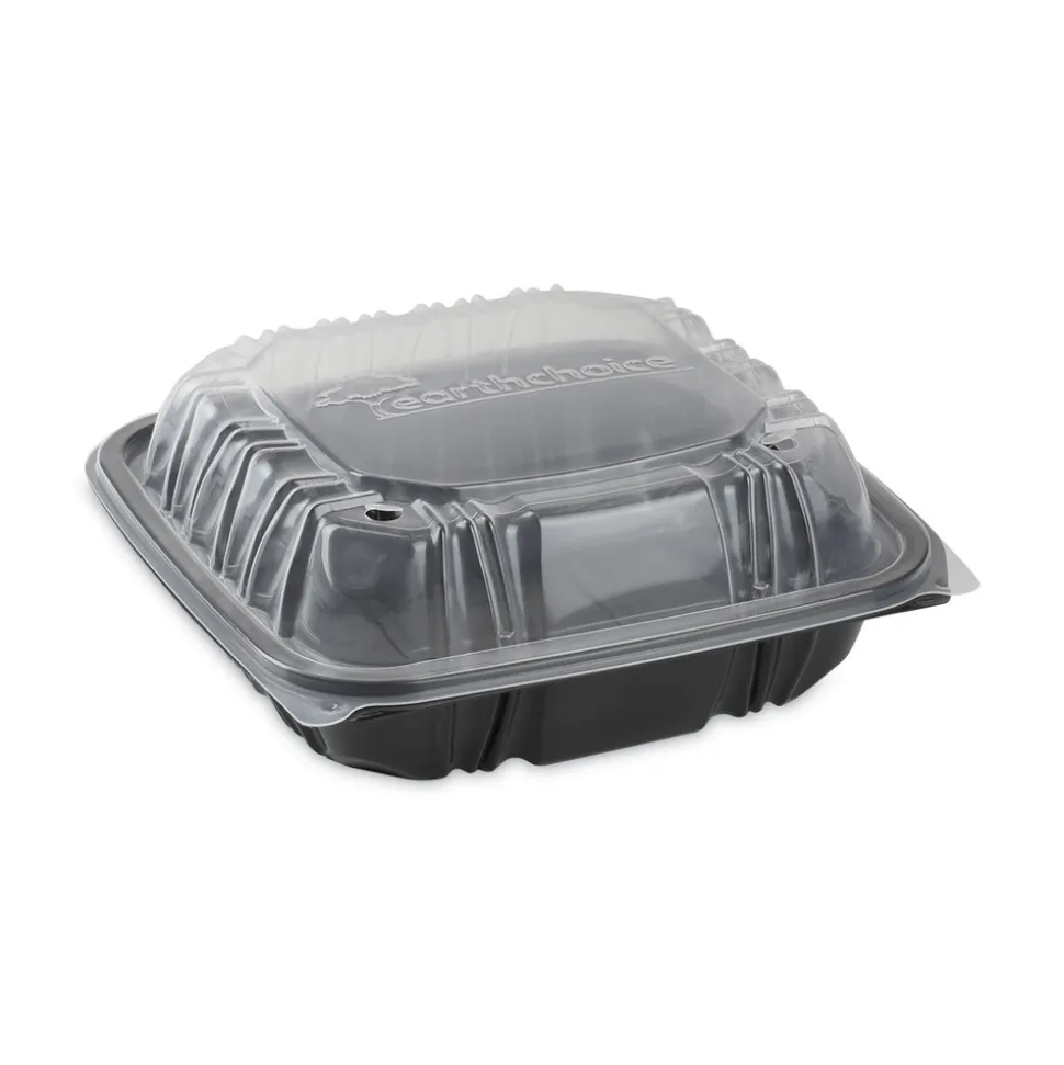 Pactiv Corp. DC858100B000 38 oz 8.5 x 8.5 x 3 EarthChoice Vented Dual Color Microwavable Plastic Hinged Lid Container - Black/Clear (150/Carton)