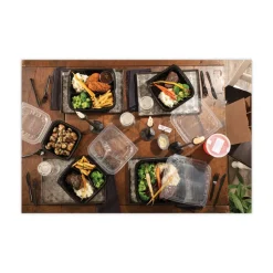 Pactiv Corp. DC858100B000 38 oz 8.5 x 8.5 x 3 EarthChoice Vented Dual Color Microwavable Plastic Hinged Lid Container - Black/Clear (150/Carton)