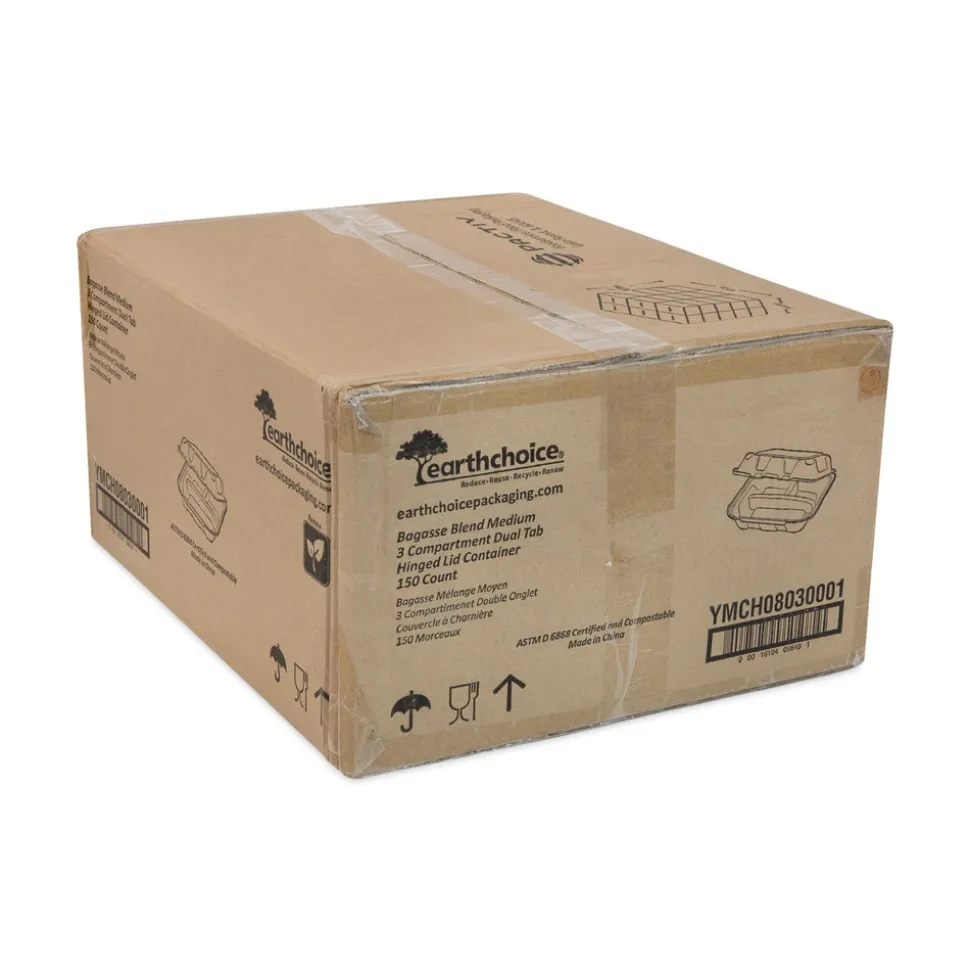Pactiv Corp. EarthChoice 7.8 in. x 7.8 in. x 2.8 in. Bagasse Hinged Lid 3-Compartment Container with Dual Tab Lock - Natural (150/Carton)