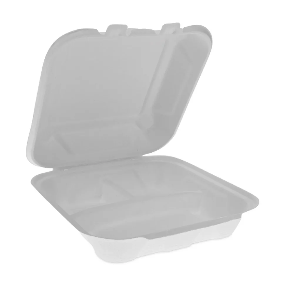 Pactiv Corp. EarthChoice 7.8 in. x 7.8 in. x 2.8 in. Bagasse Hinged Lid 3-Compartment Container with Dual Tab Lock - Natural (150/Carton)