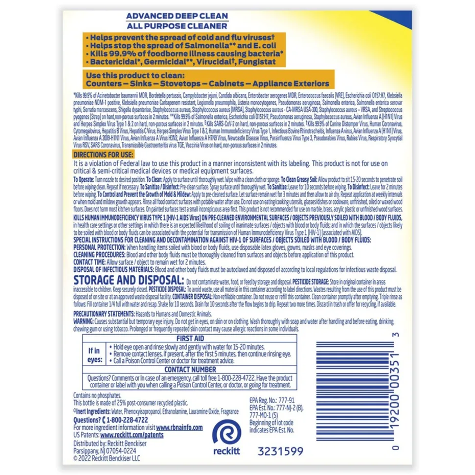 Professional LYSOL Brand 32 oz Advanced Deep Clean All Purpose Cleaner - Lemon Breeze