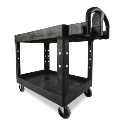 Rubbermaid Commercial 25.9 in. x 45.2 in. x 32.2 in. 500 lbs. Capacity 2 Lipped Shelves Heavy-Duty Plastic Utility Cart - Black