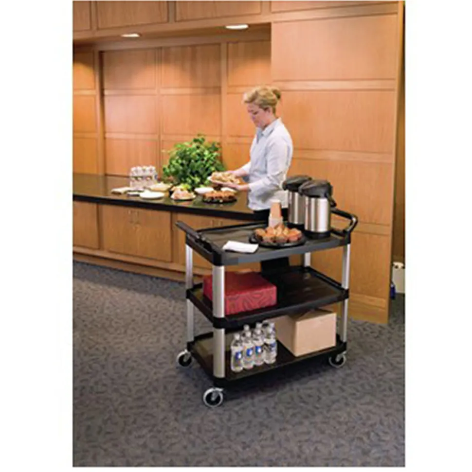 Rubbermaid Commercial 40.63 in. x 20 in. x 37.81 in. 300 lbs. Capacity 3 Shelves Plastic Xtra Utility Cart with Open Sides - Black