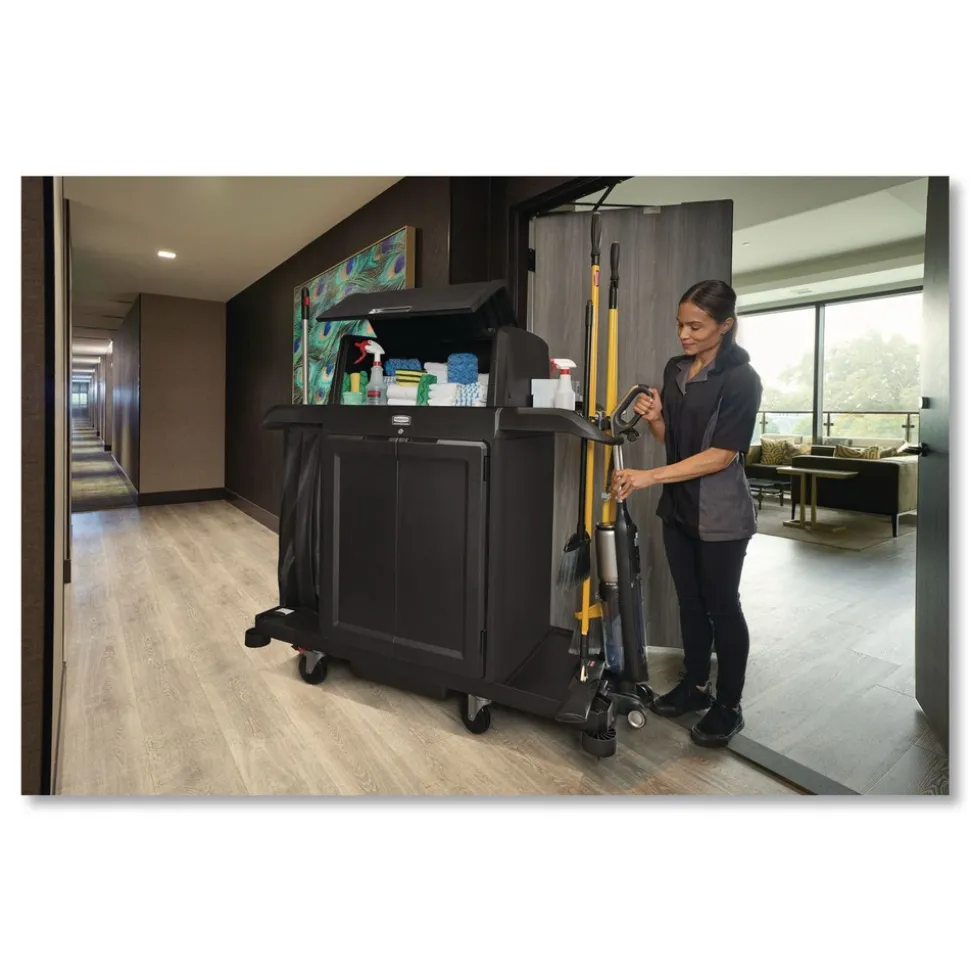 Rubbermaid Commercial 24.4 in. x 62.4 in. x 56.9 in. 4-Shelf Housekeeping Cart with Hood and Doors - Black