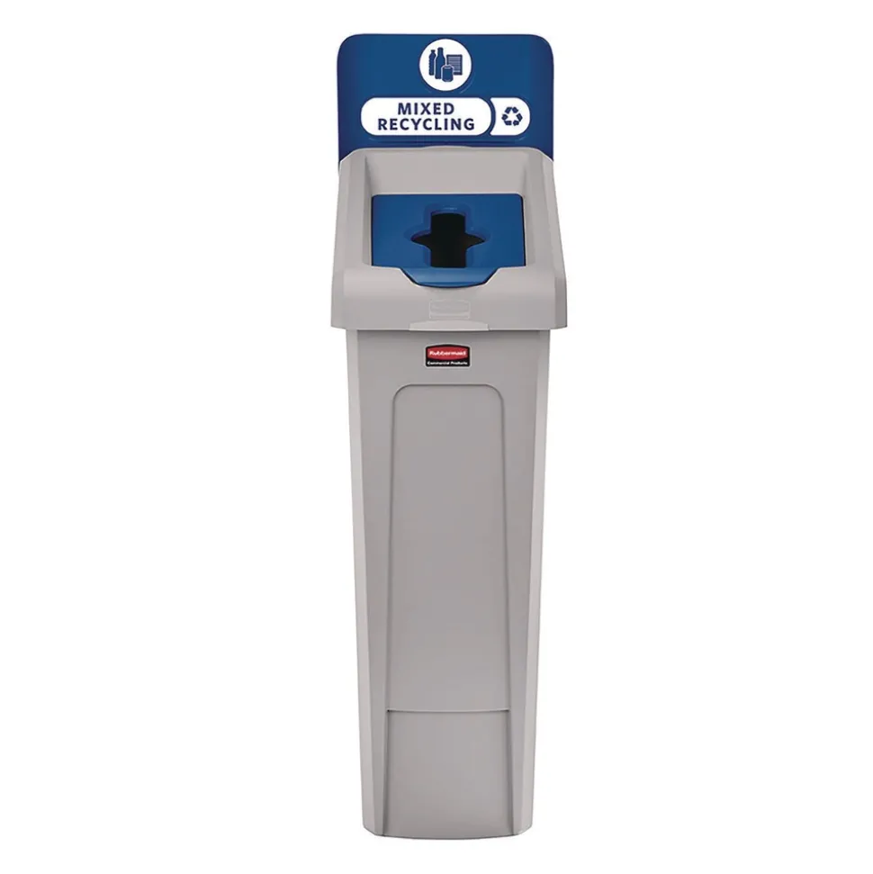 Rubbermaid Commercial Slim Jim Recycling Station Kit 1-Stream Mixed Recycling 23 gal Plastic Gray/Blue