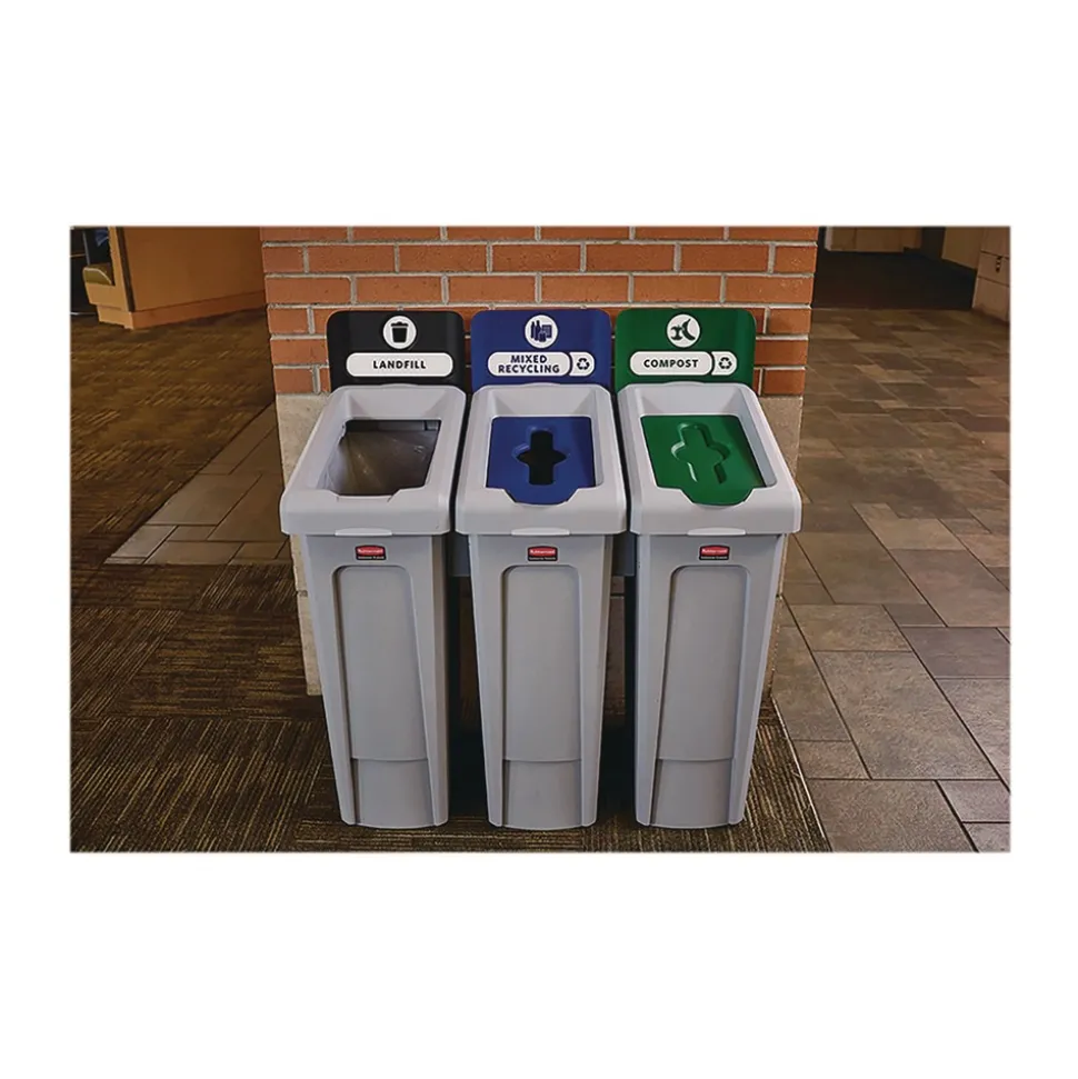 Rubbermaid Commercial Slim Jim Recycling Station Kit 1-Stream Mixed Recycling 23 gal Plastic Gray/Blue