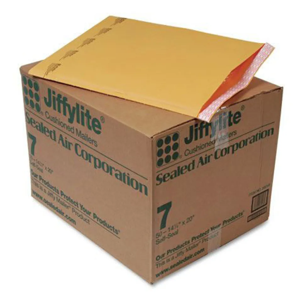 Sealed Air Jiffylite #7 Barrier Bubble Air Cell Cushion Self-Adhesive Closure Self-Seal 14.25 in. x 20 in. Bubble Mailer - Brown Kraft (50/Carton)