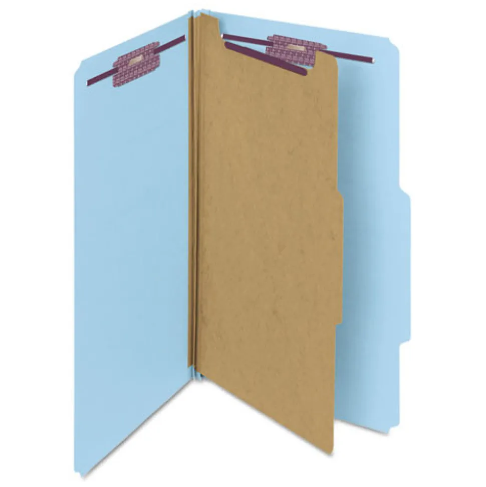 Smead 1 Divider Four SafeSHIELD Fasteners Legal Size Four-Section Pressboard Top Tab Classification Folders - Blue (10/Box)