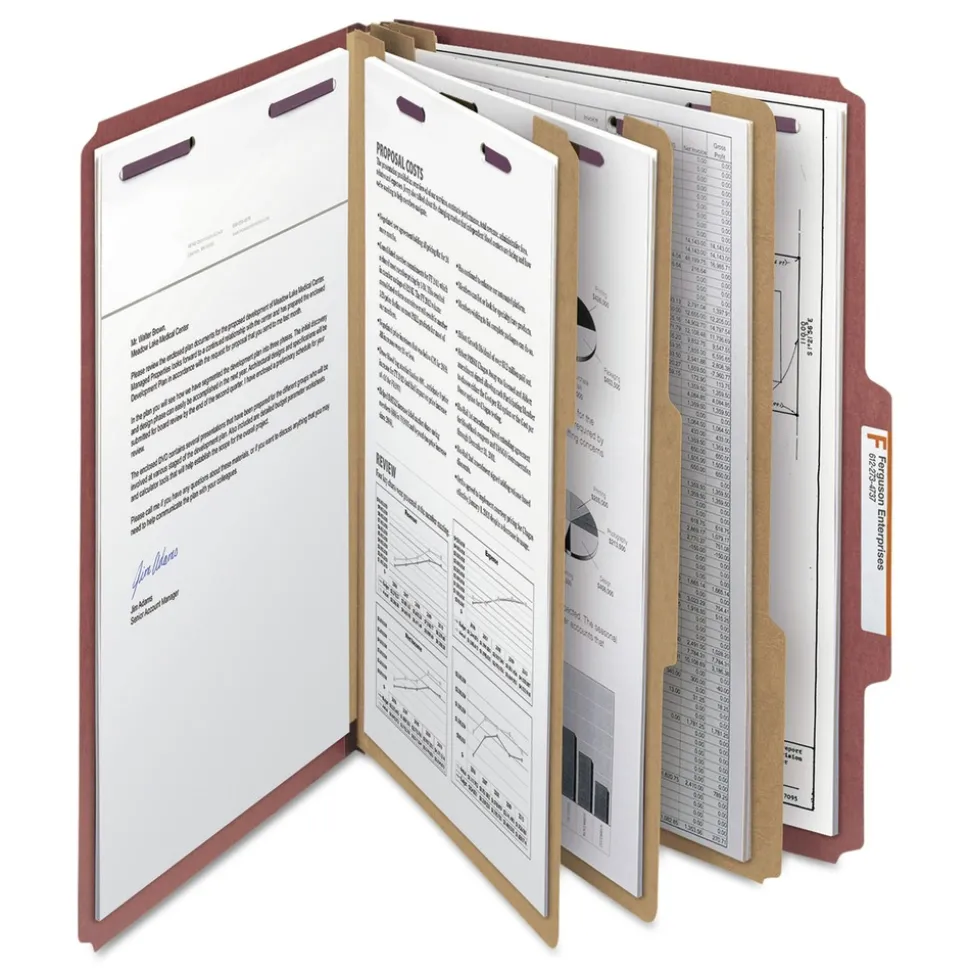 Smead Eight SafeSHIELD Fasteners 2/5-Cut Tabs 3 Dividers Legal Size Pressboard Classification Folders - Red (10/Box)