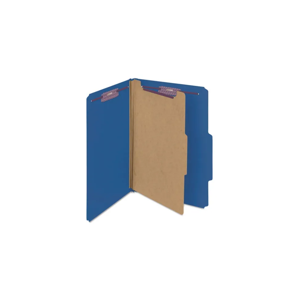 Smead Four SafeSHIELD Fasteners 1 Divider Legal Size Four-Section Pressboard Top Tab Classification Folders - Dark Blue (10/Box)