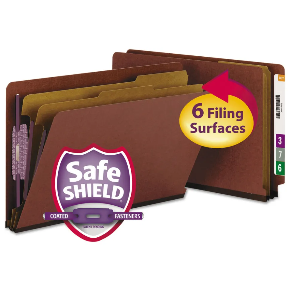 Smead 2 in. Expansion 2 Divider Legal Size 6 SafeSHIELD Fasteners End Tab Pressboard Classification Folders - Red (10/Box)