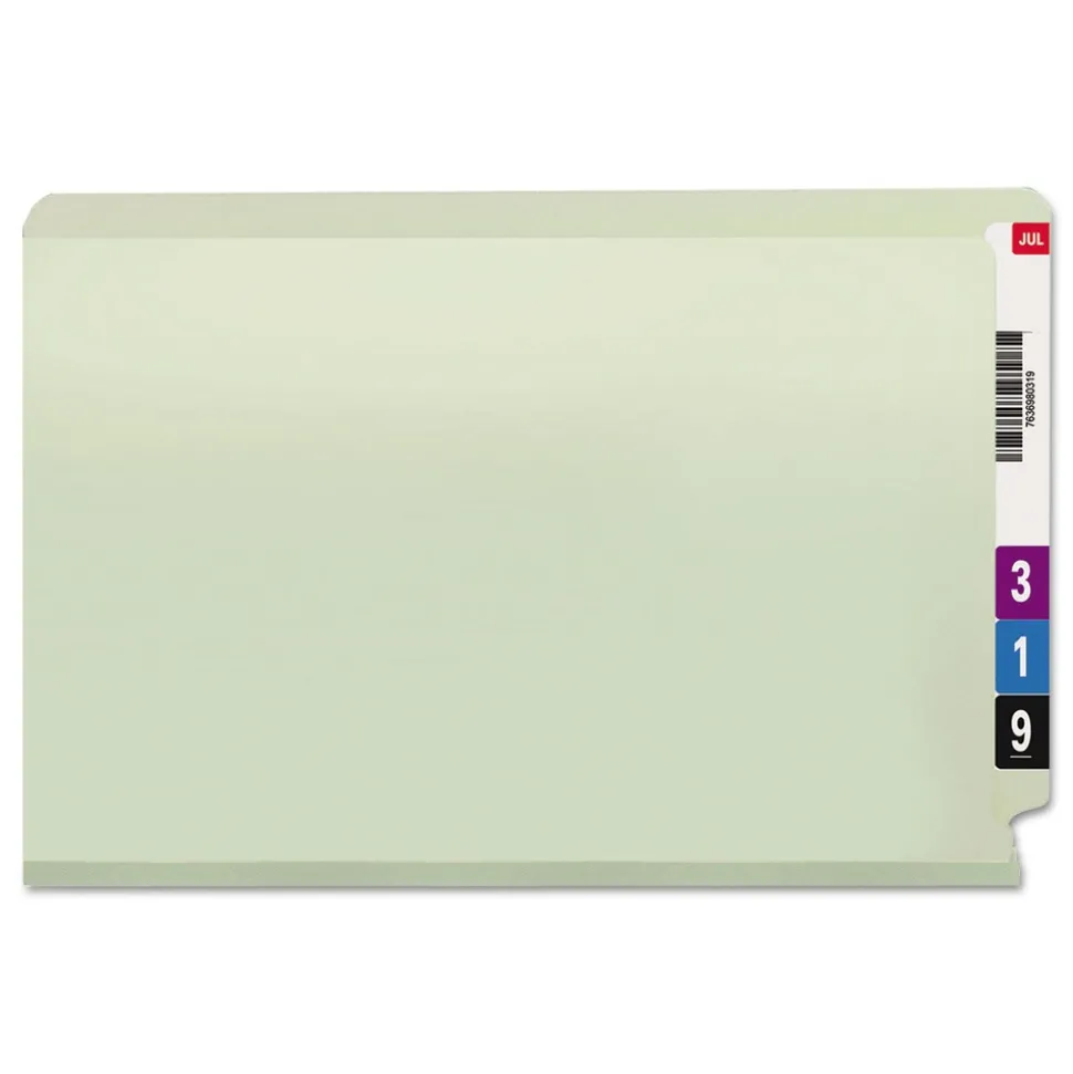 Smead 1 in. Expansion End Tab Pressboard Classification Folders with 2 SafeSHIELD Coated Fasteners - Legal Size/Gray-Green (25/Box)