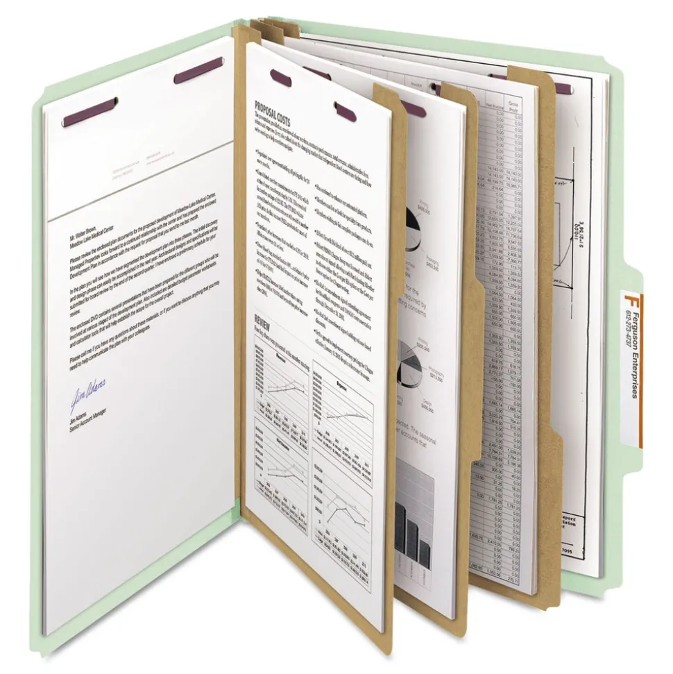 Smead 8 SafeSHIELD Fasteners 2/5-Cut Tabs 3 Dividers Letter Size Pressboard Classification Folders - Gray-Green (10/Box)