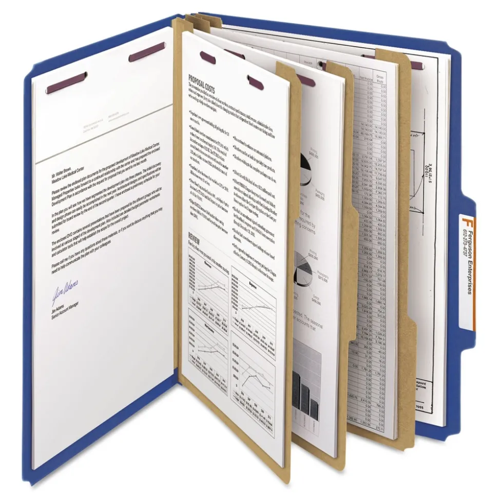 Smead 8 SafeSHIELD Fasteners 3 Dividers Letter Size Eight-Section Pressboard Top Tab Classification Folders - Dark Blue (10/Box)