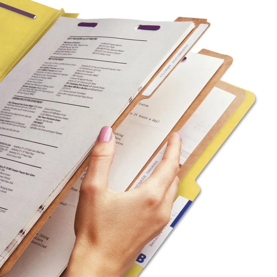 Smead 8 SafeSHIELD Fasteners 3 Dividers Letter Size 8-Section Pressboard Top Tab Classification Folders - Yellow (10/Box)