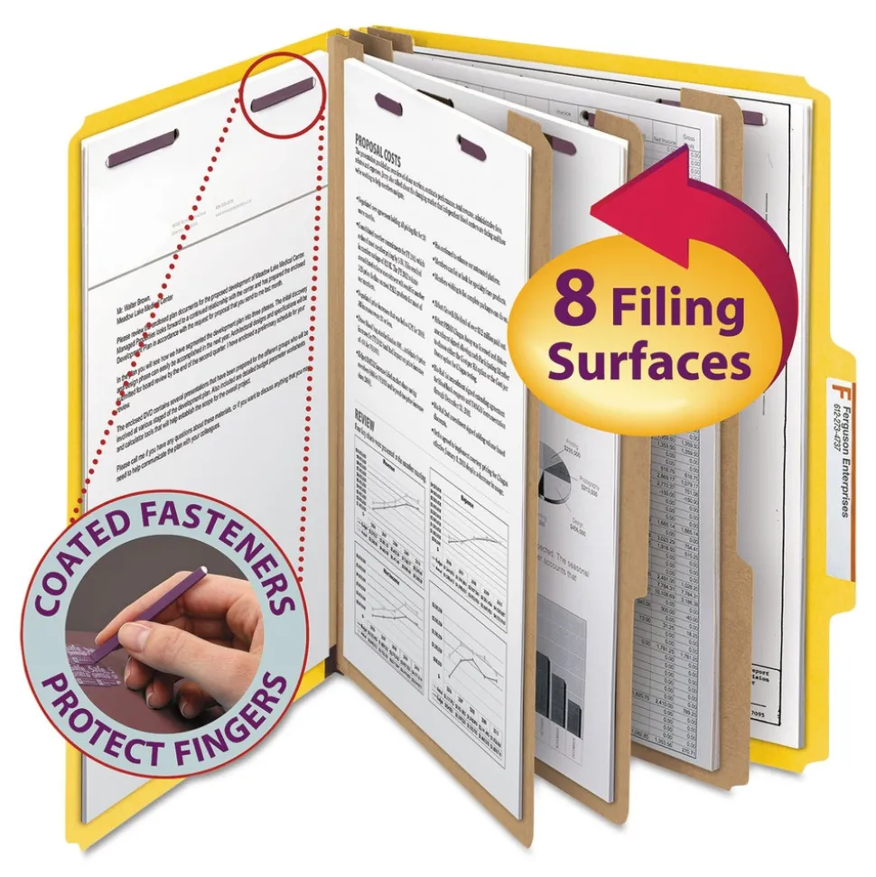 Smead 8 SafeSHIELD Fasteners 3 Dividers Letter Size 8-Section Pressboard Top Tab Classification Folders - Yellow (10/Box)
