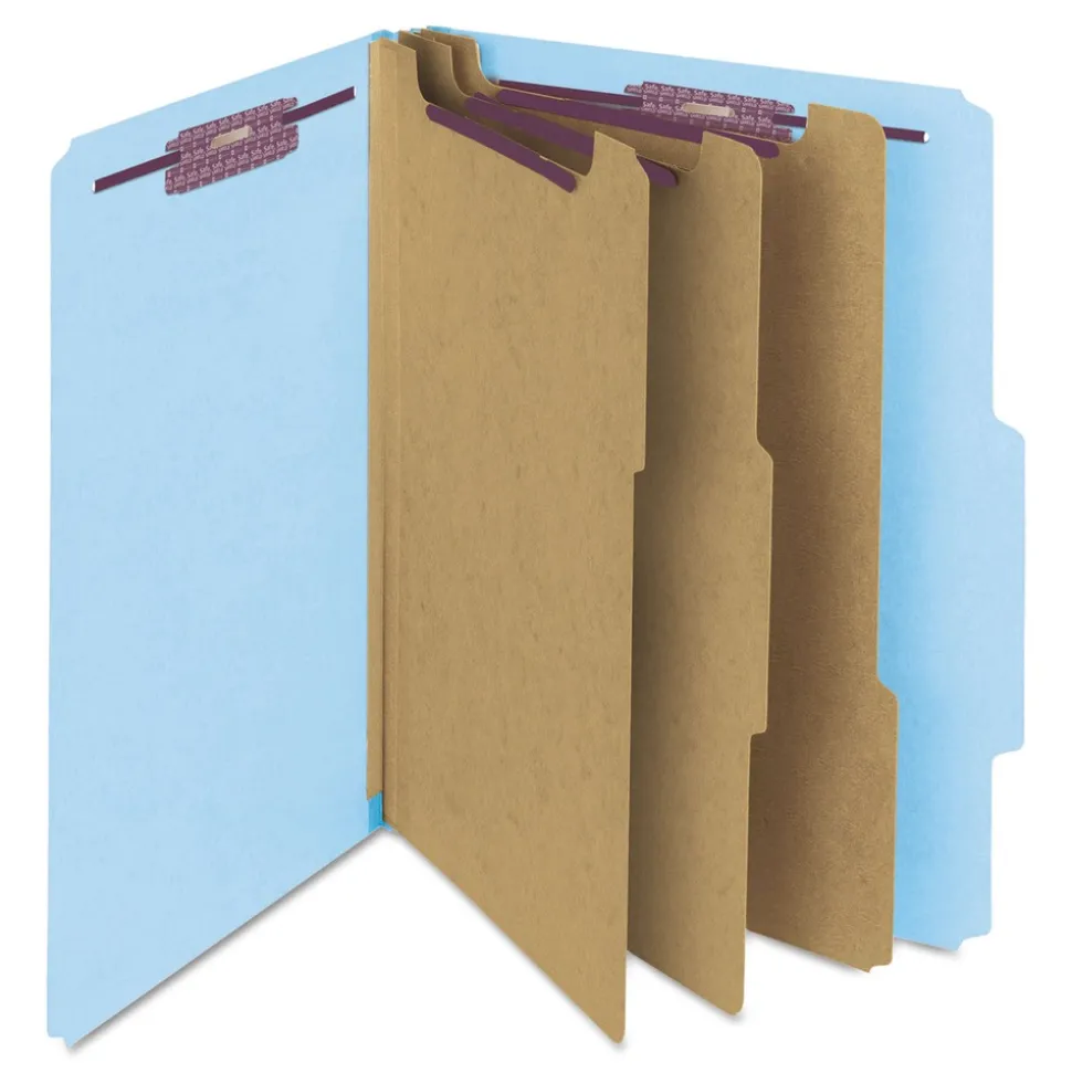 Smead 8 SafeSHIELD Fasteners 3 in. Expansion 3 Dividers Letter Size Pressboard Top Tab Classification Folders - Blue (10/Box)