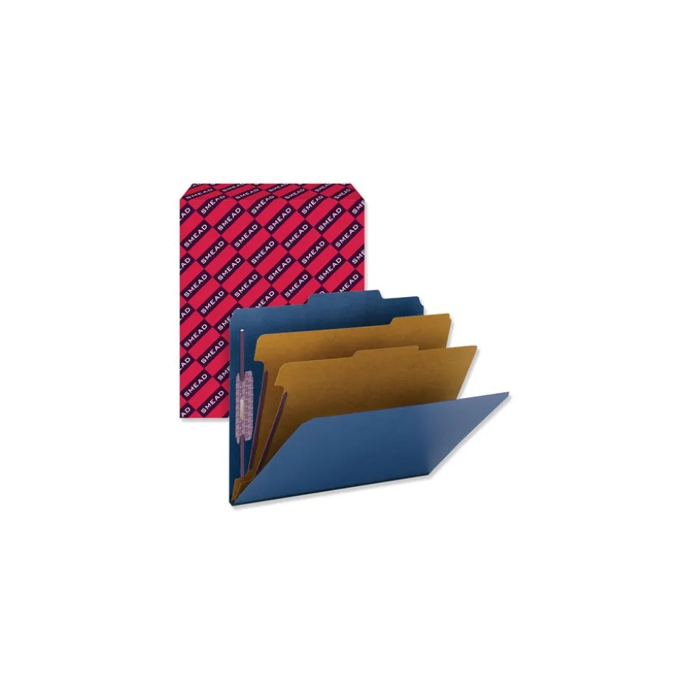 Smead 6-Section Pressboard Top Tab Classification Folders with 6 SafeSHIELD Fasteners - Letter Size/Dark Blue (10/Box)
