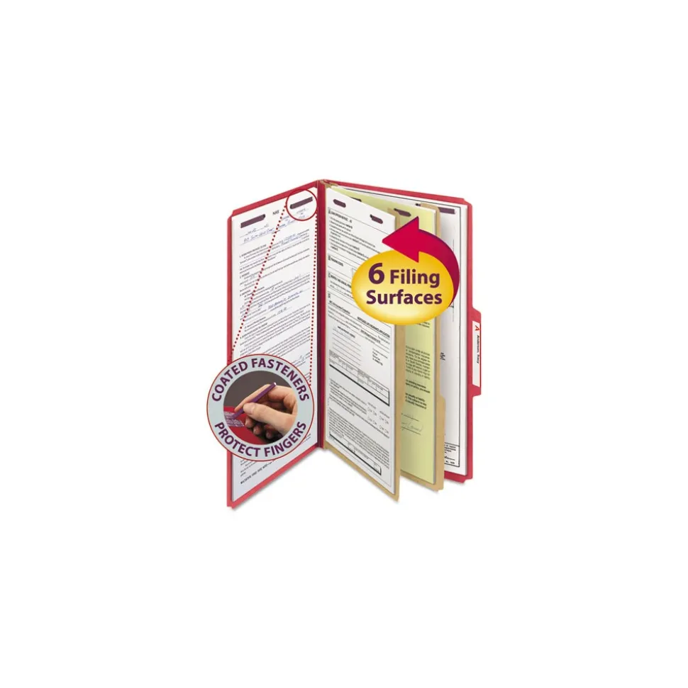 Smead Six SafeSHIELD Fasteners 2 Dividers Legal Size Six-Section Pressboard Top Tab Classification Folders - Bright Red (10/Box)
