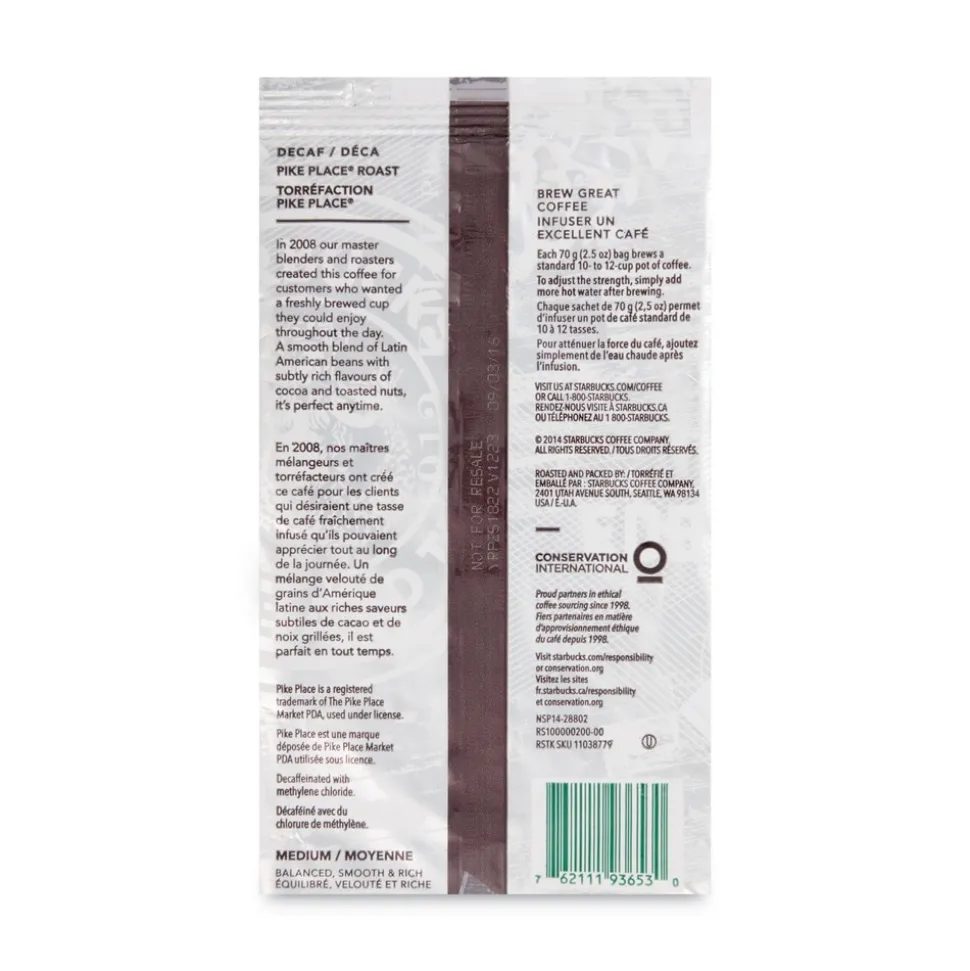 Starbucks 12420994 2-1/2 oz Packet Coffee - Pike Place Decaf (18/Box)
