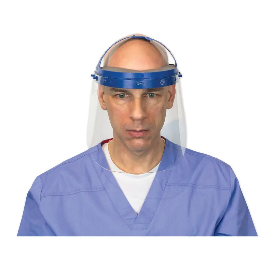 Suncast 16.5 in. x 10.25 in. x 11 in. Fully Assembled Full Length Face Shield with Head Gear - Clear/Blue (16/Carton)