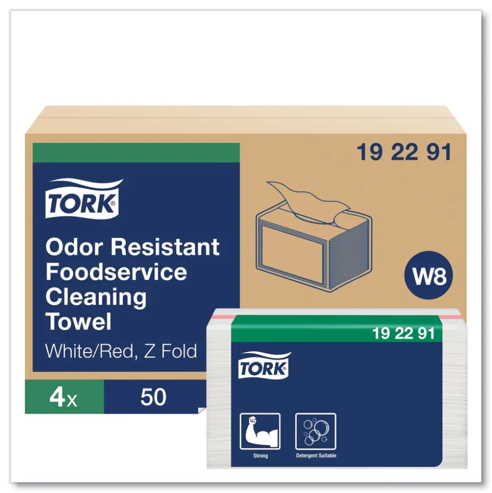 Tork 11.75 in. x 14.75 in. 1-Ply Small Pack Foodservice Cloth - Unscented/White/Red Stripe (4/Carton)
