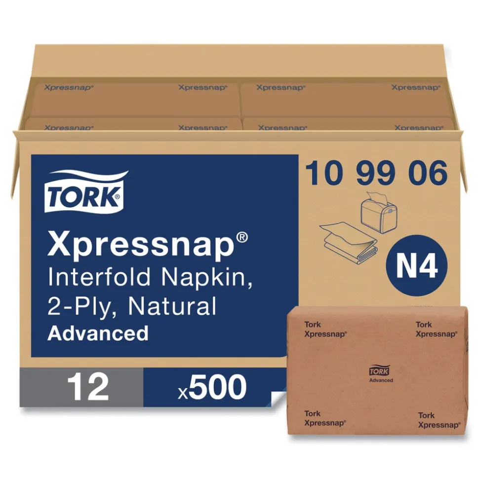 Tork 109906 2-Ply 6.5 in. x 8.5 in. Xpressnap Interfold Dispenser Napkins - Natural (12/Carton)