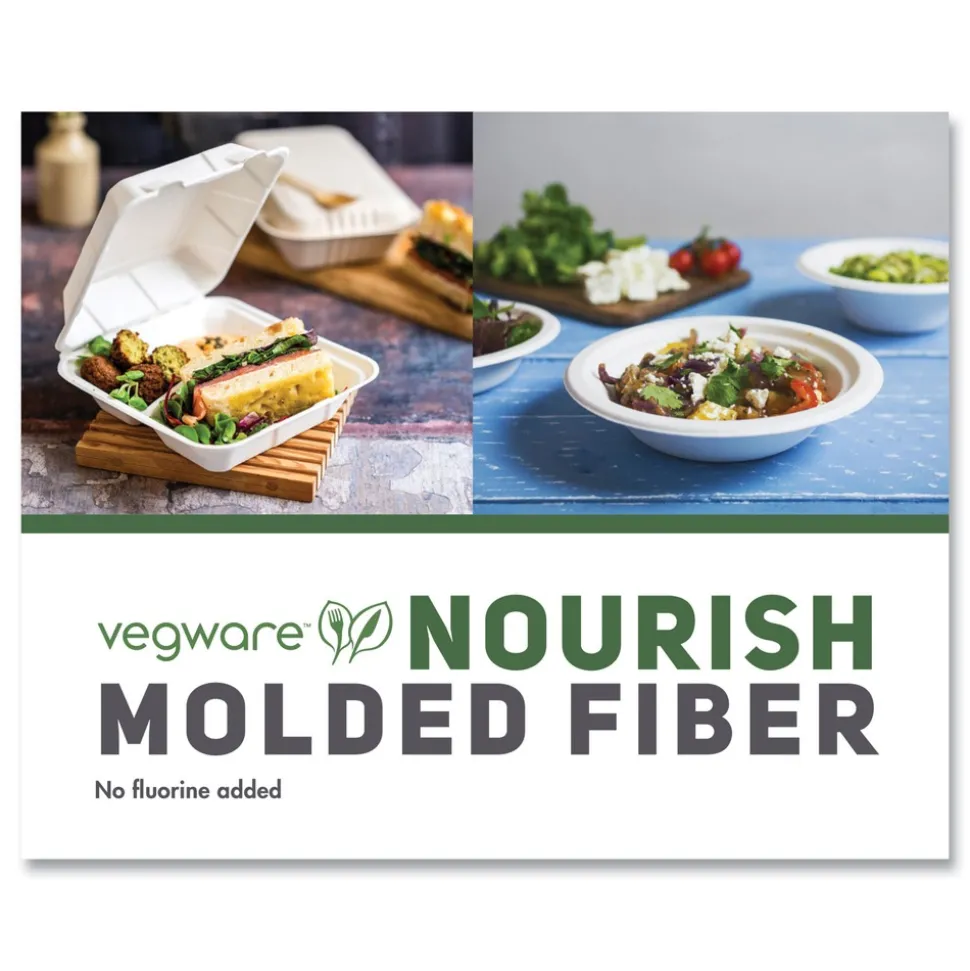 Vegware 5 in. x 9 in. x 2 in. Nourish Molded Fiber Compostable Sugarcane 3-Compartment Takeout Containers - White (200/Carton)