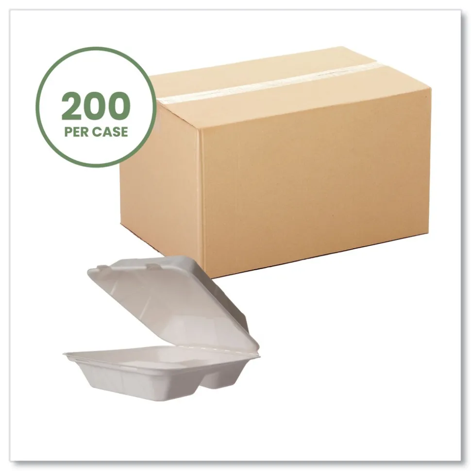 Vegware 7.9 in. x 7.9 in. x 2.9 in. Molded Fiber Compostable Sugarcane 3-Compartment Clamshell Containers - White (200/Carton)