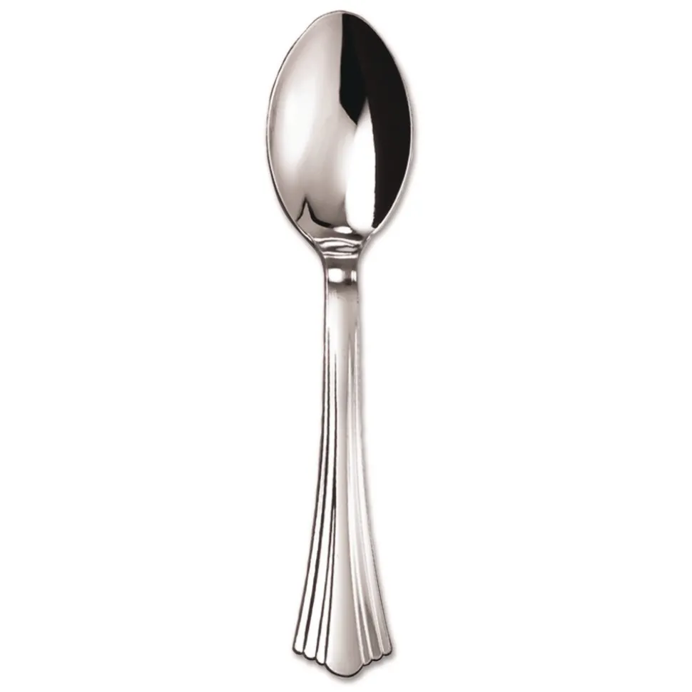 WNA 6 1/4 in. Reflections Design Heavyweight Plastic Spoons - Silver (600/Carton)
