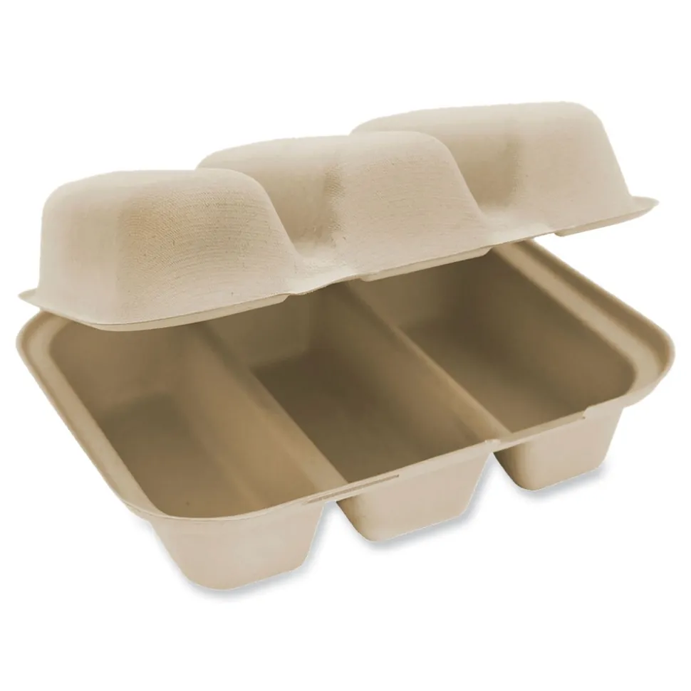 World Centric TO-SC-T3-LFS 8.8 in. x 8.2 in. x 2.9 in. Paper Fiber Hinged Containers - Natural (300/Carton)