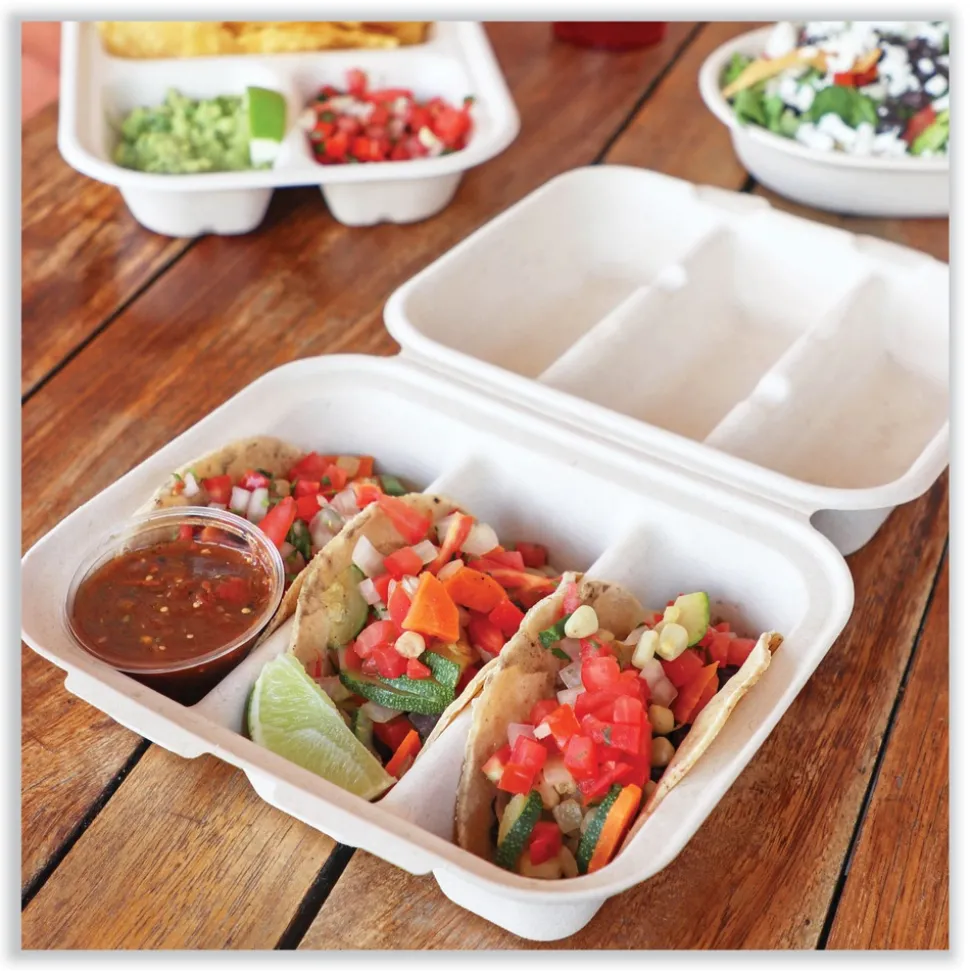 World Centric TO-SC-T3-LFS 8.8 in. x 8.2 in. x 2.9 in. Paper Fiber Hinged Containers - Natural (300/Carton)