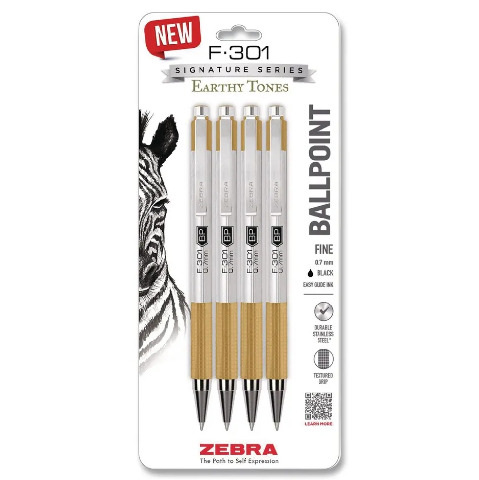 Zebra F-301 Signature Series Earthy Tones Fine 0.7 mm. Retractable Ballpoint Pen - Black Ink/Sandstone Barrel (4/Pack)